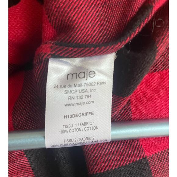 Maje Buffalo Plaid Red Black Shirt with Leather Trim Size 1/ Small - Picture 6 of 6